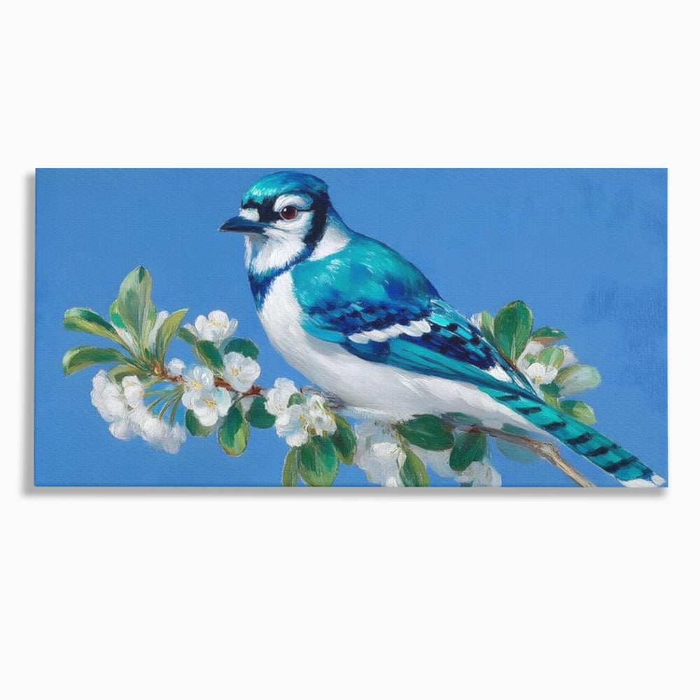 Tablou canvas cu tablou canvas cu gai albastra pe ramura, fara rama, pe sasiu de lemn